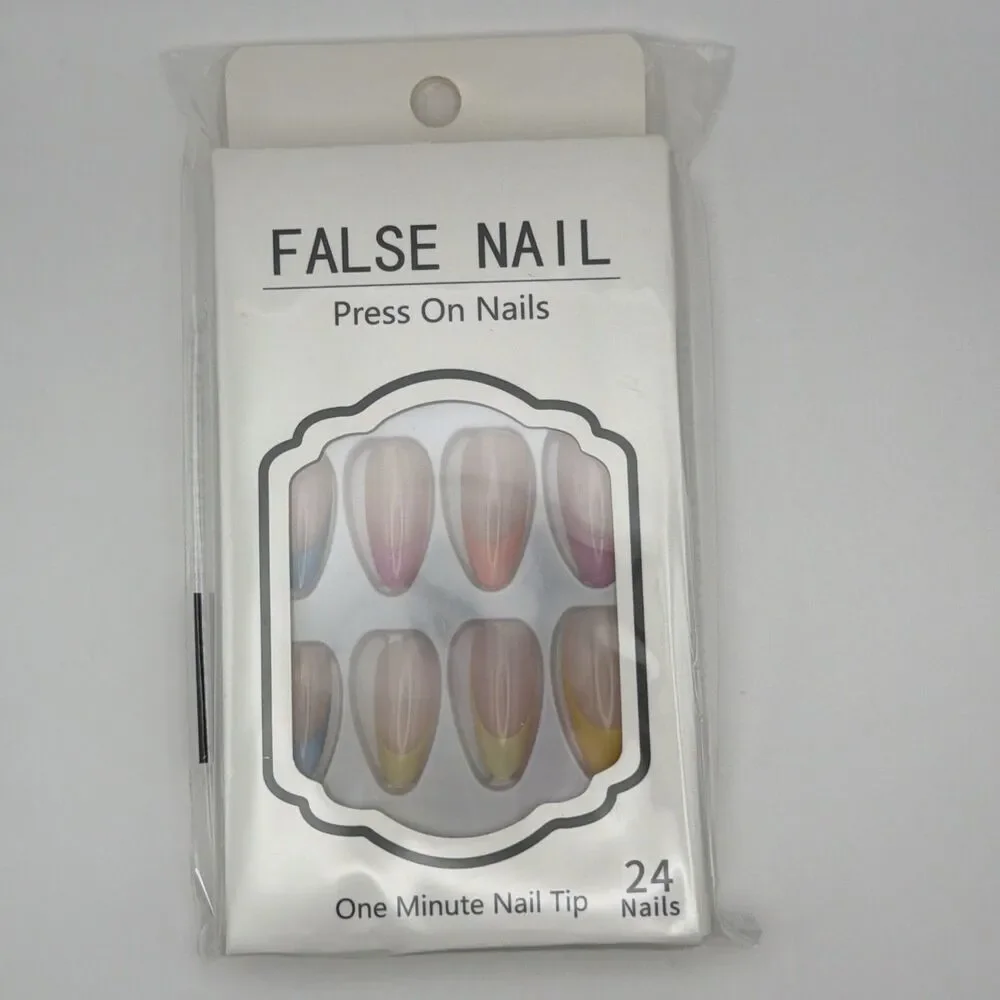 3 Sets 72 Press On Nails French Tip Almond Black Colorful Fake Nails Manicure